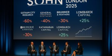 Escenario del Sohn London 2025 con panelistas y pantalla que muestra tesis bajistas y única proyección alcista