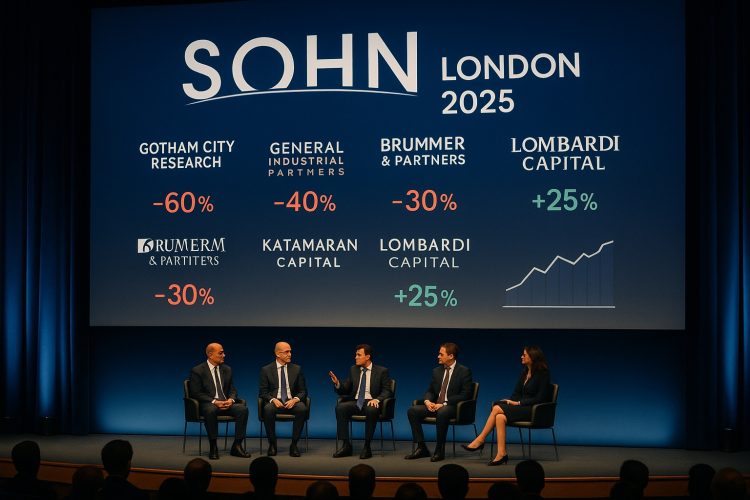 Escenario del Sohn London 2025 con panelistas y pantalla que muestra tesis bajistas y única proyección alcista