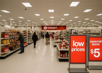 Interior de tienda Target con clientes y señalización digital de precios rebajados