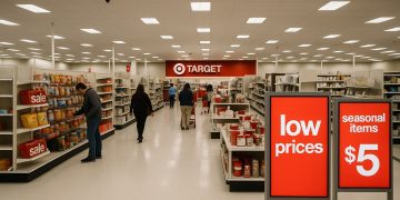 Interior de tienda Target con clientes y señalización digital de precios rebajados