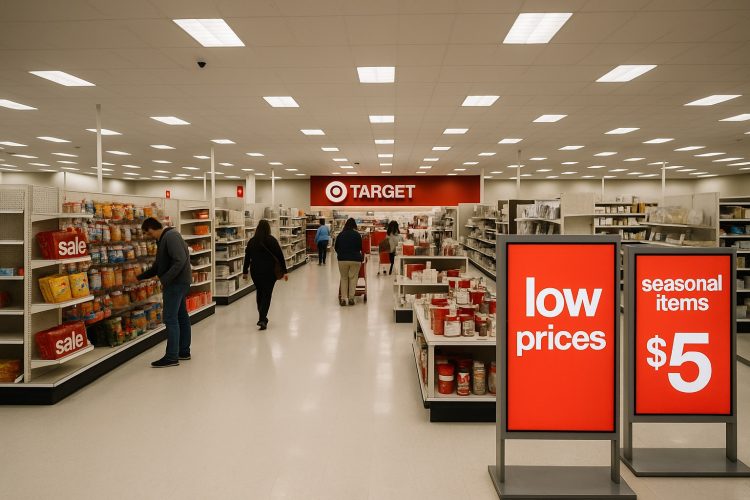 Interior de tienda Target con clientes y señalización digital de precios rebajados