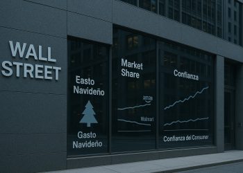Edificio en Wall Street con ventanales que muestran gráficos de gasto navideño, cuota de mercado y confianza del consumidor