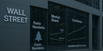 Edificio en Wall Street con ventanales que muestran gráficos de gasto navideño, cuota de mercado y confianza del consumidor