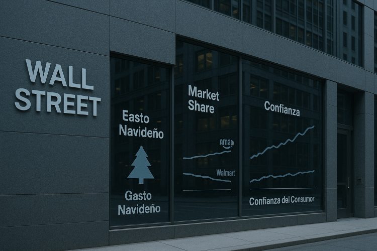 Edificio en Wall Street con ventanales que muestran gráficos de gasto navideño, cuota de mercado y confianza del consumidor