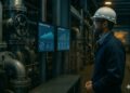 Ingeniero con casco revisa pantallas digitales en planta industrial con válvulas metálicas y gráficos de producción.