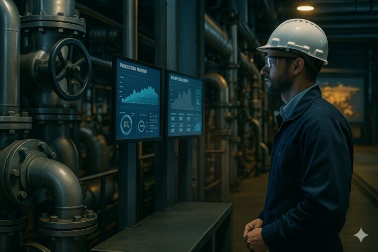 Ingeniero con casco revisa pantallas digitales en planta industrial con válvulas metálicas y gráficos de producción.