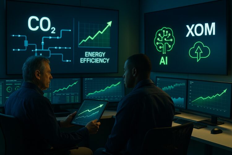 Dos ingenieros observan pantallas con gráficos de energía, flujo de CO₂ y logotipo de Exxon junto a íconos de IA y captura de carbono.