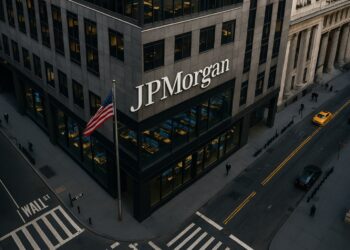 Imagen aérea de la sede de JPMorgan en Wall Street con bandera de EE. UU. y ambiente financiero urbano