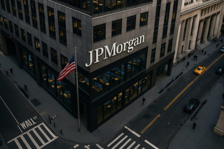 Imagen aérea de la sede de JPMorgan en Wall Street con bandera de EE. UU. y ambiente financiero urbano