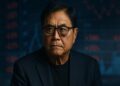 Robert Kiyosaki en primer plano advierte sobre un colapso masivo con tono analítico y realista.