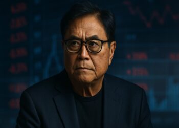 Robert Kiyosaki en primer plano advierte sobre un colapso masivo con tono analítico y realista.