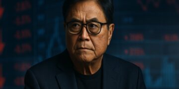 Robert Kiyosaki en primer plano advierte sobre un colapso masivo con tono analítico y realista.