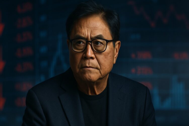 Robert Kiyosaki en primer plano advierte sobre un colapso masivo con tono analítico y realista.