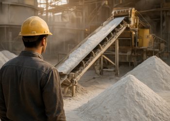 Trabajador observa maquinaria y montículos de mineral blanco en planta de litio