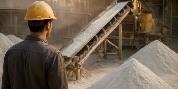 Trabajador observa maquinaria y montículos de mineral blanco en planta de litio