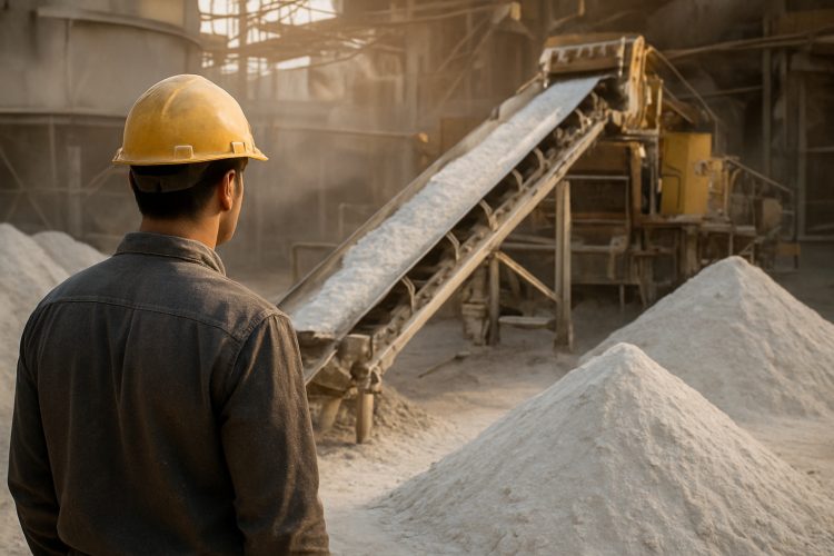 Trabajador observa maquinaria y montículos de mineral blanco en planta de litio