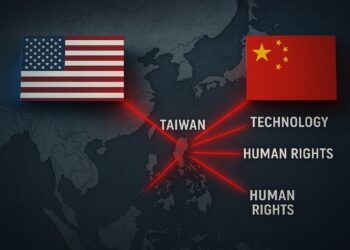 Mapa estilizado del Pacífico con líneas rojas que conectan Taiwán, comercio, tecnología y derechos humanos entre EE. UU. y China