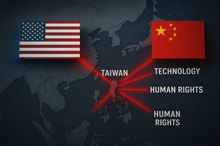 Mapa estilizado del Pacífico con líneas rojas que conectan Taiwán, comercio, tecnología y derechos humanos entre EE. UU. y China