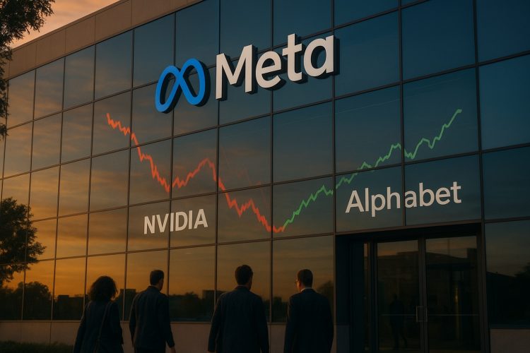 Fachada de Meta al atardecer con reflejos de gráficos de Nvidia y Alphabet