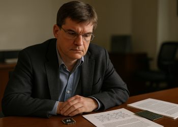 Michael Burry sentado en su despacho, frente a documentos y un chip de IA sobre la mesa.