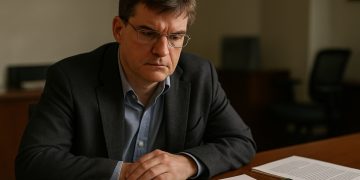 Michael Burry sentado en su despacho, frente a documentos y un chip de IA sobre la mesa.