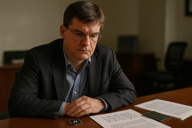 Michael Burry sentado en su despacho, frente a documentos y un chip de IA sobre la mesa.