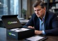 Michael Burry en oficina moderna frente a una caja corporativa de Nvidia abierta sobre la mesa.