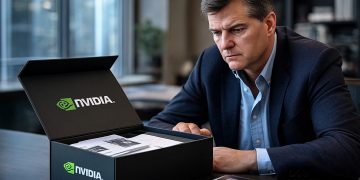 Michael Burry en oficina moderna frente a una caja corporativa de Nvidia abierta sobre la mesa.