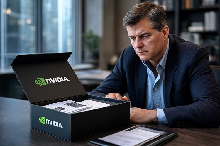 Michael Burry en oficina moderna frente a una caja corporativa de Nvidia abierta sobre la mesa.