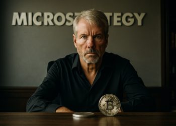 Michael Saylor en oficina moderna mientras Strategy muestra tensión.