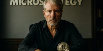Michael Saylor en oficina moderna mientras Strategy muestra tensión.