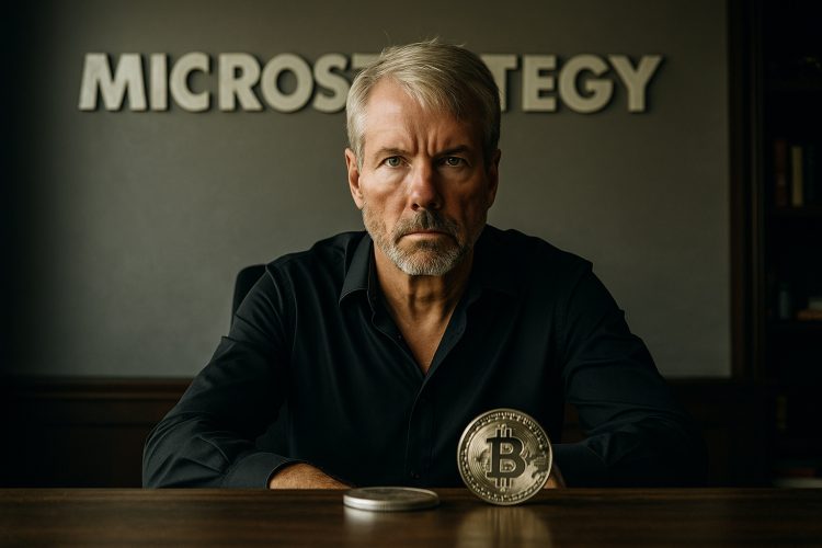 Michael Saylor en oficina moderna mientras Strategy muestra tensión.