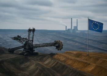 Vista panorámica de una mina a cielo abierto en Polonia con maquinaria industrial y bandera de la Unión Europea al fondo