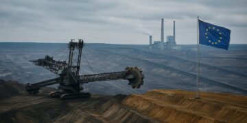 Vista panorámica de una mina a cielo abierto en Polonia con maquinaria industrial y bandera de la Unión Europea al fondo