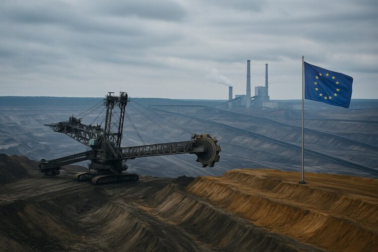 Vista panorámica de una mina a cielo abierto en Polonia con maquinaria industrial y bandera de la Unión Europea al fondo