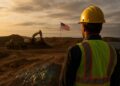 Trabajador con casco y chaleco mira excavadoras y bandera de EE. UU. sobre terreno árido con brillo metálico.