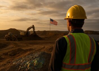 Trabajador con casco y chaleco mira excavadoras y bandera de EE. UU. sobre terreno árido con brillo metálico.