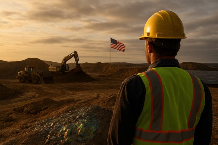 Trabajador con casco y chaleco mira excavadoras y bandera de EE. UU. sobre terreno árido con brillo metálico.