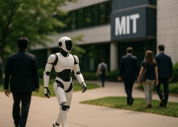 Robot humanoide camina por el campus del MIT junto a personas, simbolizando IA que reemplaza empleo.