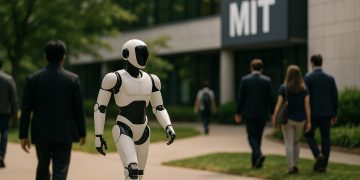Robot humanoide camina por el campus del MIT junto a personas, simbolizando IA que reemplaza empleo.