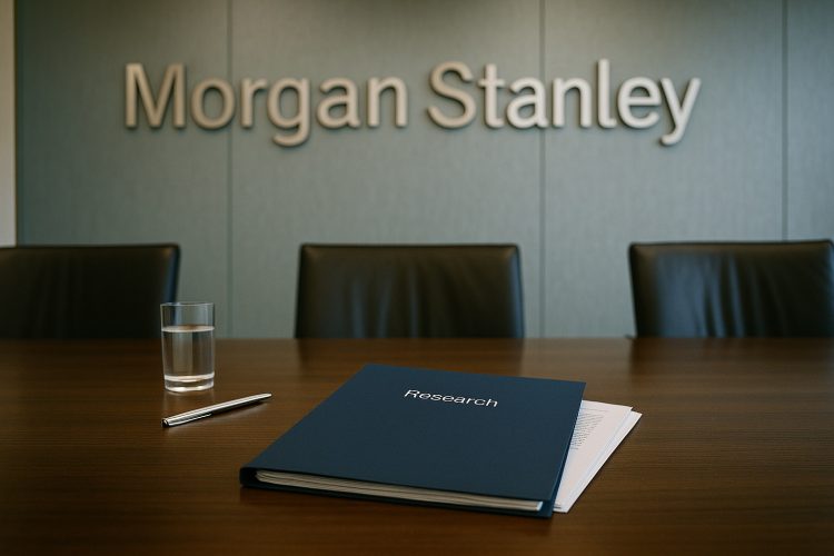 Sala de reuniones de Morgan Stanley con carpeta de research sobre la mesa destacando análisis de alto retorno.