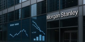 Edificio de Morgan Stanley con ventanales que reflejan gráficos de DRAM/NAND y caída de Dell
