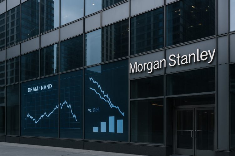 Edificio de Morgan Stanley con ventanales que reflejan gráficos de DRAM/NAND y caída de Dell