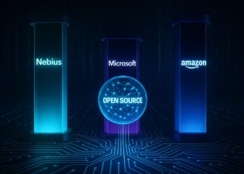 Tres pilares digitales con los nombres Nebius, Microsoft y Amazon unidos por circuitos brillantes y una esfera central de código abierto