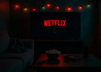Televisor con logo de Netflix y pantalla de carga en una sala oscura, con elementos ochenteros que evocan Stranger Things.