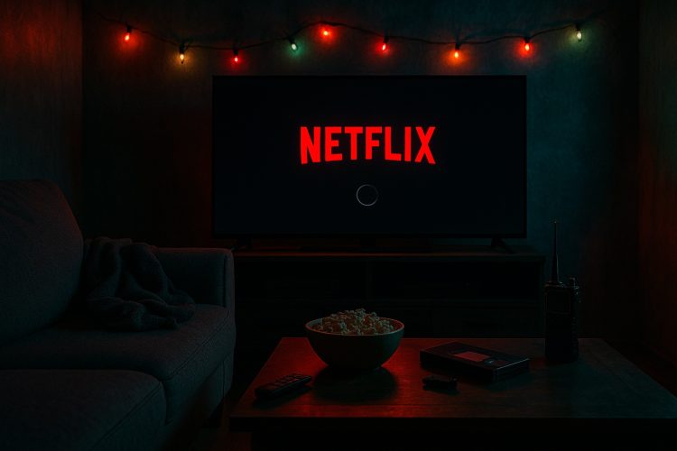 Televisor con logo de Netflix y pantalla de carga en una sala oscura, con elementos ochenteros que evocan Stranger Things.