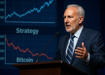 Peter Schiff habla en conferencia con gráficos de Strategy y caída de Bitcoin proyectados detrás
