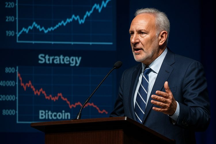 Peter Schiff habla en conferencia con gráficos de Strategy y caída de Bitcoin proyectados detrás