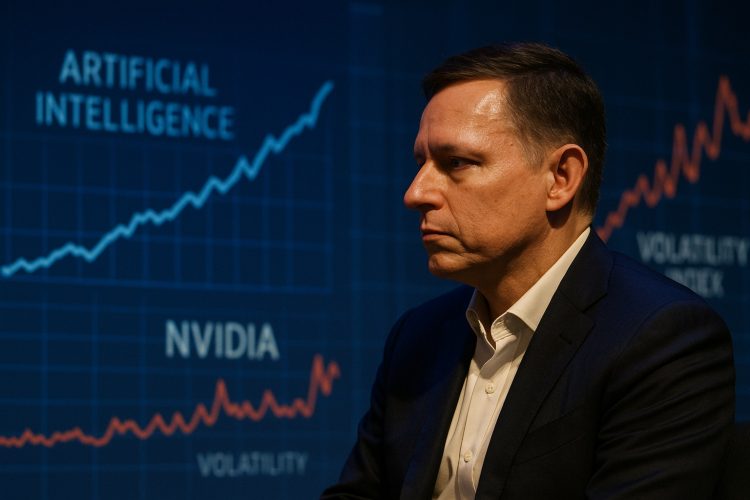 Peter Thiel observa datos de IA y volatilidad de Nvidia proyectados en una pantalla