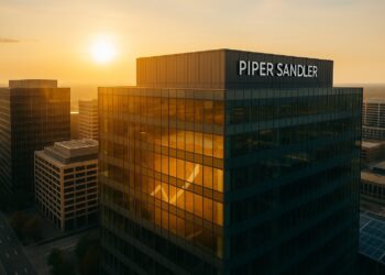 Vista aérea del edificio de Piper Sandler en ambiente bursátil